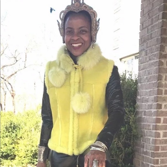 Designer Morris Kaye Yellow lime Green Shearling & fox Fur Vest Coat jacket S-M - Picture 7 of 11